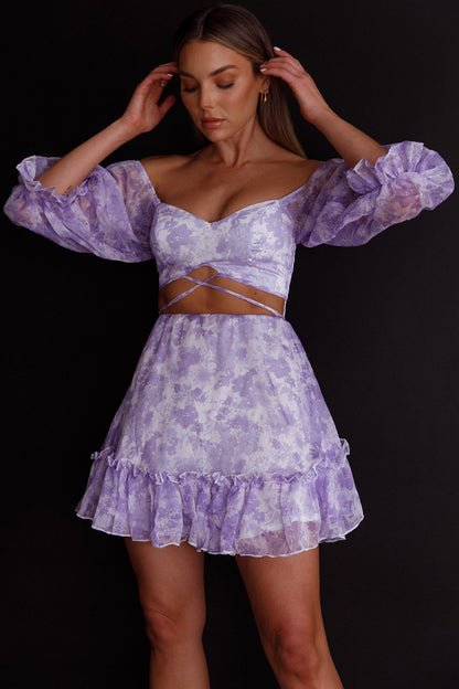 Alethea Puff Sleeve Cut-Out Waist Dress Floral Print Lilac