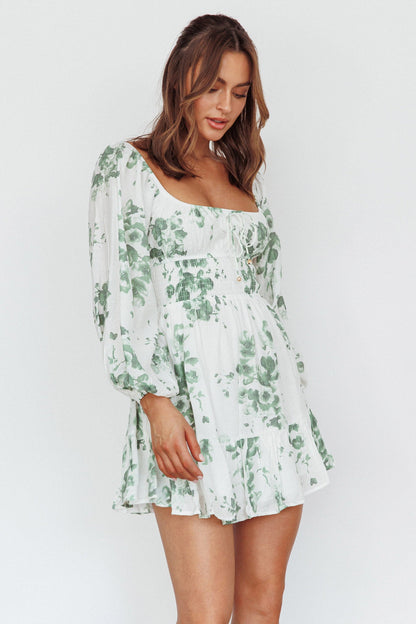 Amilie Shirred Long Sleeve Dress Floral White/Olive
