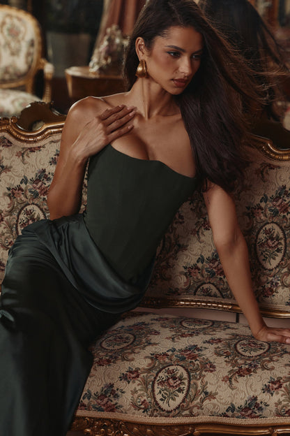 emerald green crepe strapless corset maxi dress