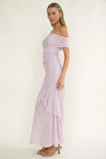 Kiarna Off-Shoulder Mesh Maxi Dress Lilac