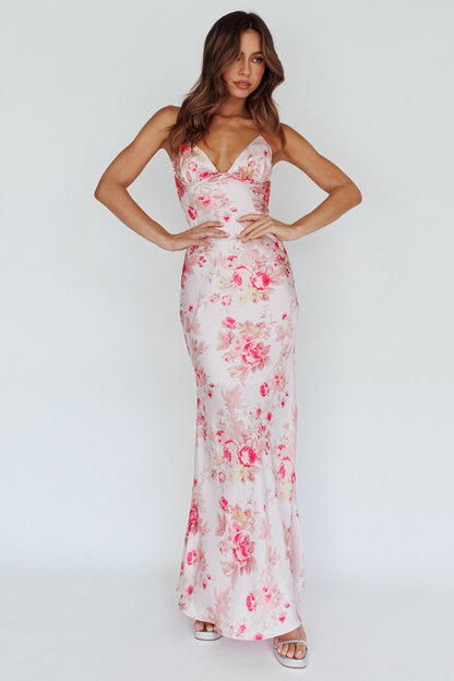 Alora Tie-Up Back Maxi Dress Floral Pink