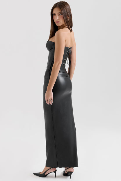 black strapless vegan leather midi dress
