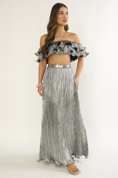 Amaria Lettuce Edge Maxi Skirt Silver