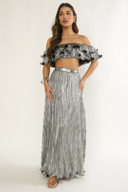 Amaria Lettuce Edge Maxi Skirt Silver