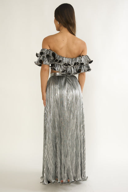 Amaria Lettuce Edge Maxi Skirt Silver
