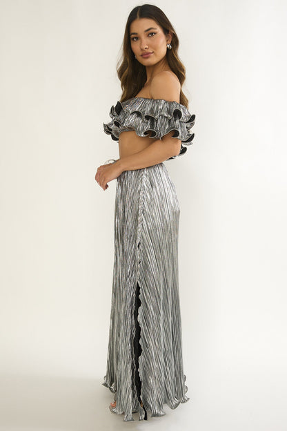 Amaria Lettuce Edge Maxi Skirt Silver