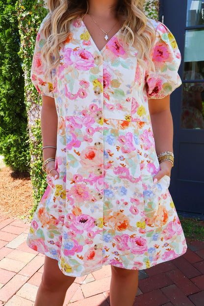 Floral Button Front Denim Dress