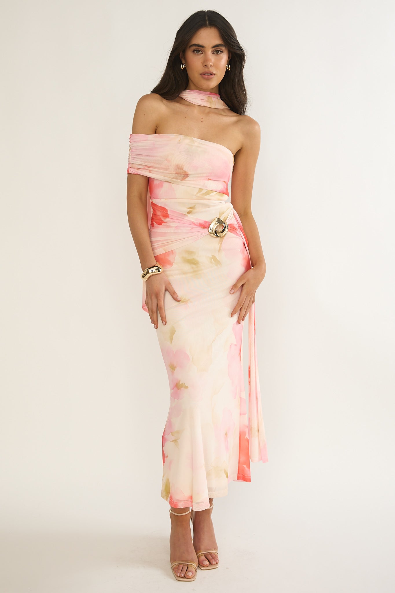 Carrisa One-Sleeve Maxi Dress Floral Pink