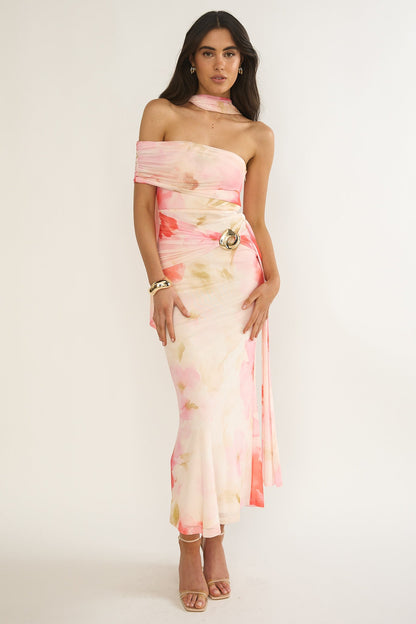 Carrisa One-Sleeve Maxi Dress Floral Pink