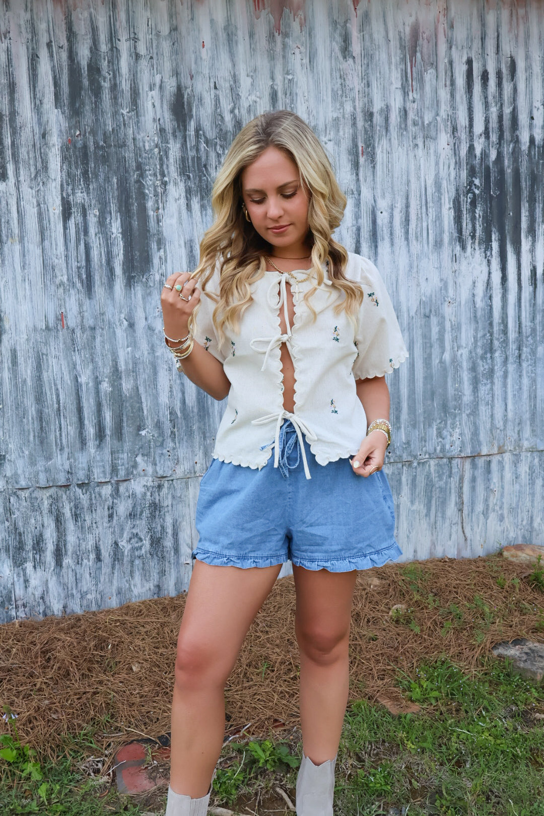 Oatmeal Floral Embroidered Tie Front Top