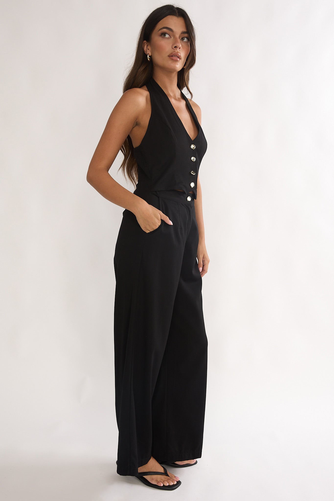 Ambrin Halterneck Button Jumpsuit Black