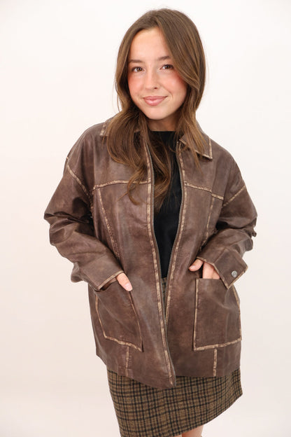 Oversized Brown Faux Leather Jacket
