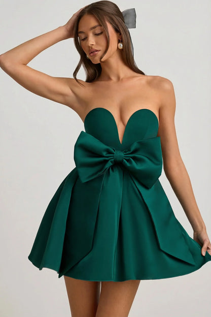 Bow-Detail Corset Mini Dress in Emerald Green