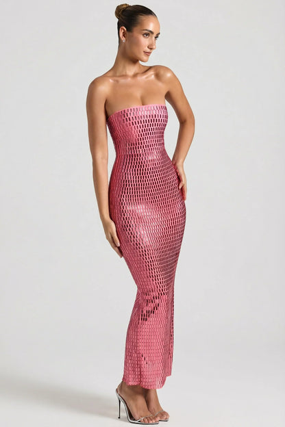 Embellished Strapless Bandeau Maxi Dress in Watermelon