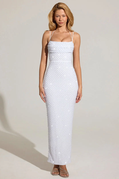 Embellished Cowl-Neck Maxi Dress in White