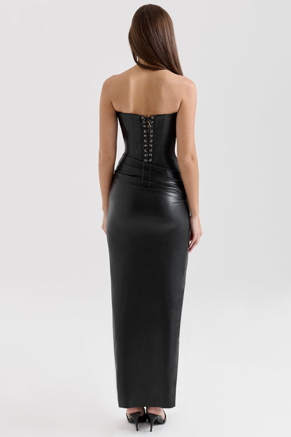 black strapless vegan leather midi dress