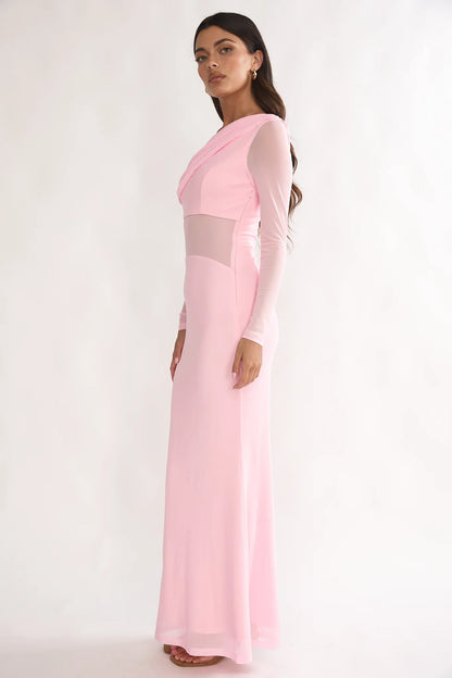 Milos Asymmetric Neckline Long Sleeve Maxi Dress Pink