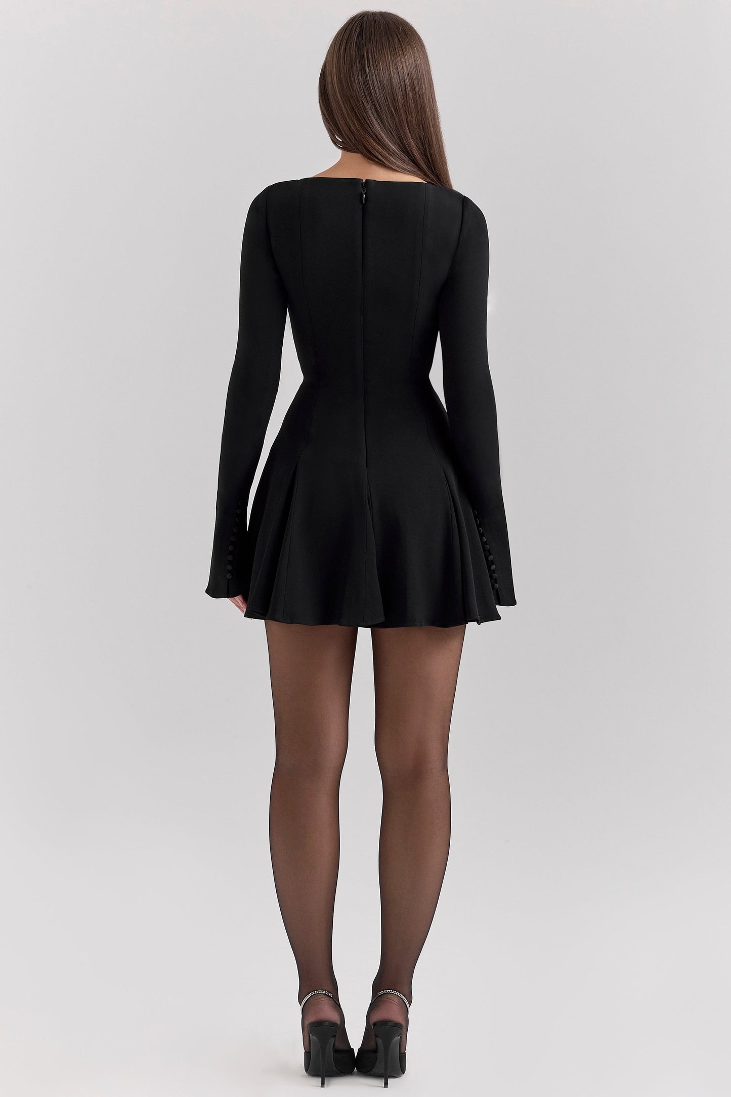 black stretch crepe godet mini dress