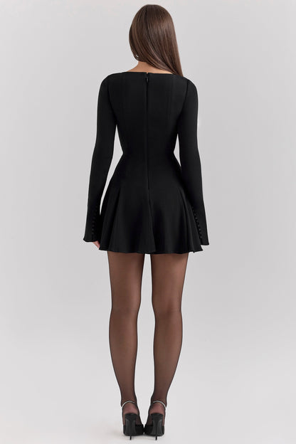 black stretch crepe godet mini dress