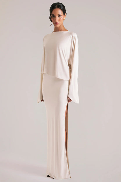 Long-Sleeve Draped Maxi Dress in Ivory