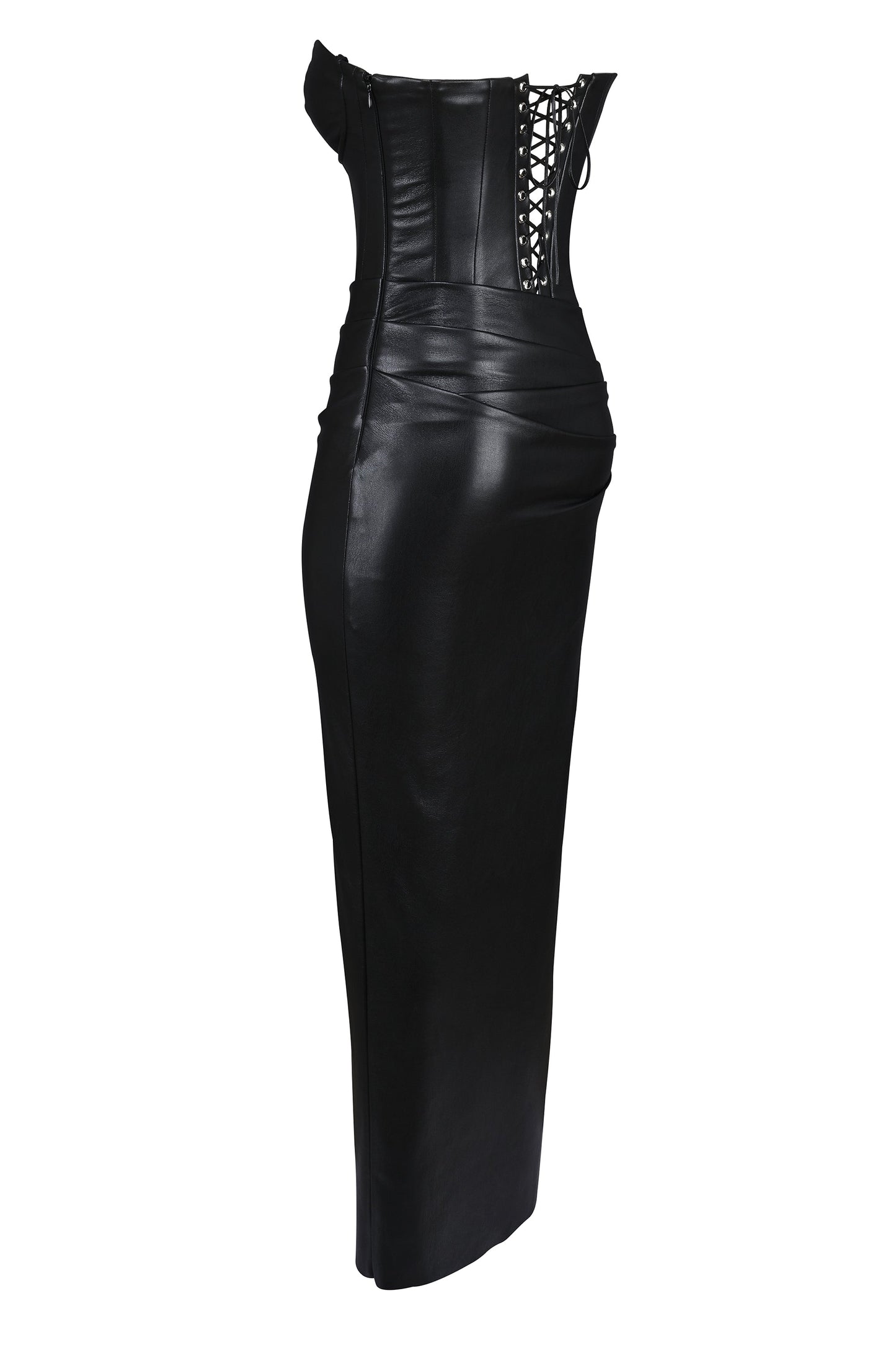 black strapless vegan leather midi dress
