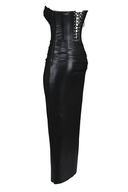 black strapless vegan leather midi dress