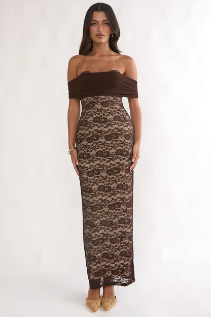 Jewelene Off-Shoulder Maxi Dress Lace Chocolate