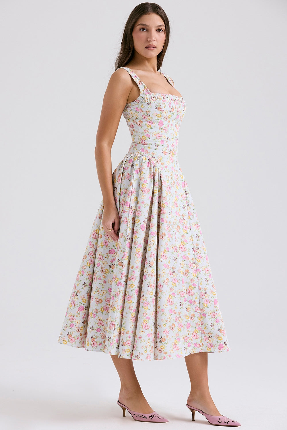 pale blue meadow print cotton midi sundress