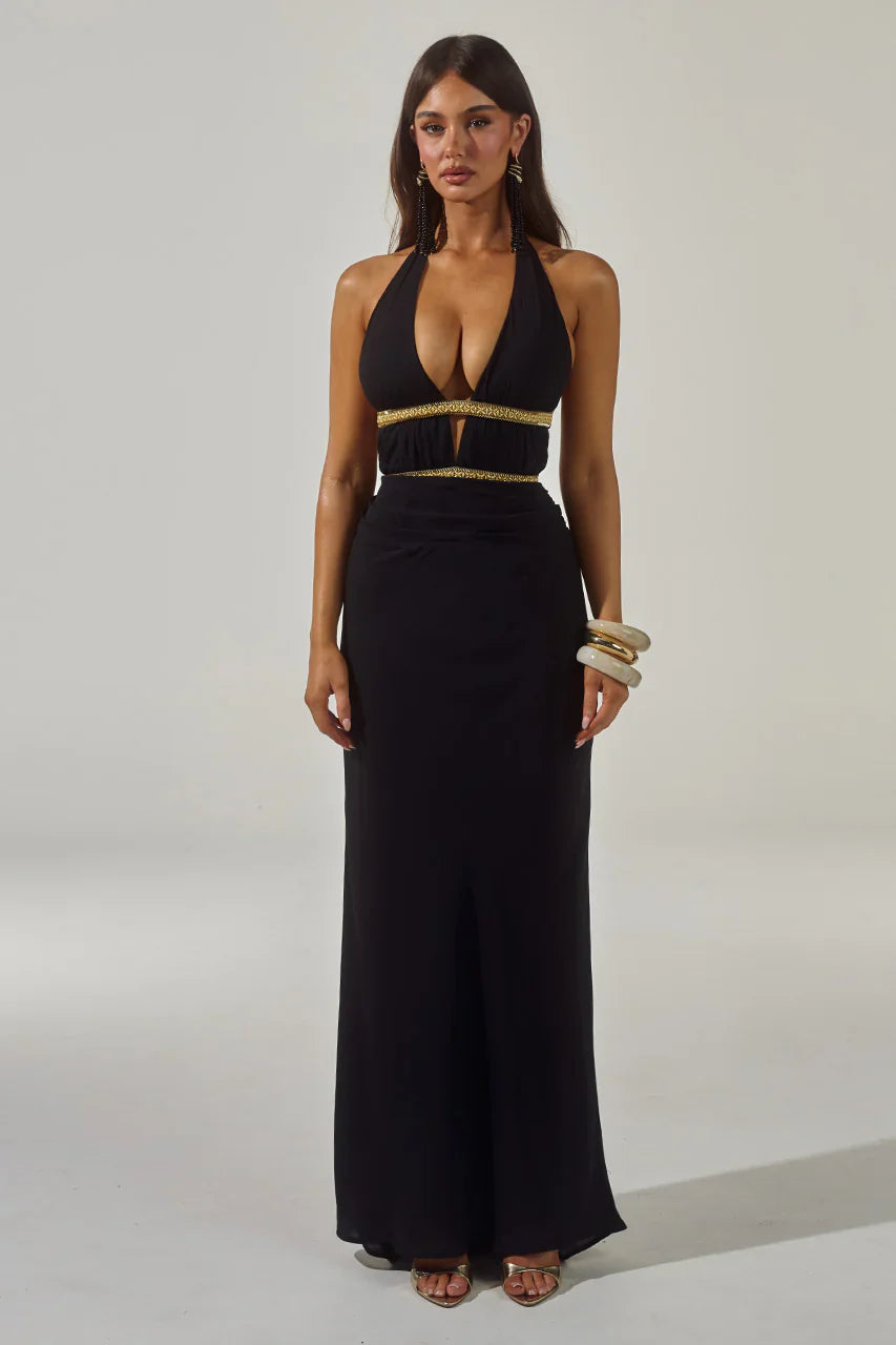XYLIA HALTER LOW PLUNGE MAXI DRESS - BLACK