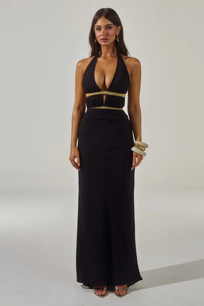XYLIA HALTER LOW PLUNGE MAXI DRESS - BLACK