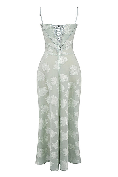 pistachio floral lace back maxi dress