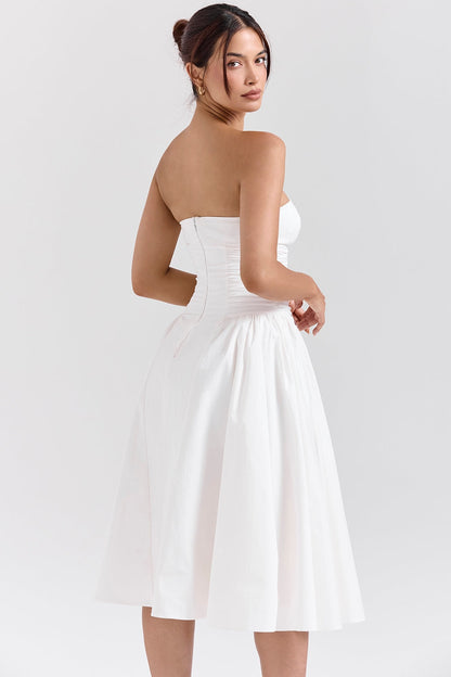 white cotton strapless midi sundress
