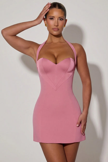 Heart-Detail Halterneck A-Line Mini Dress in Dusty Pink