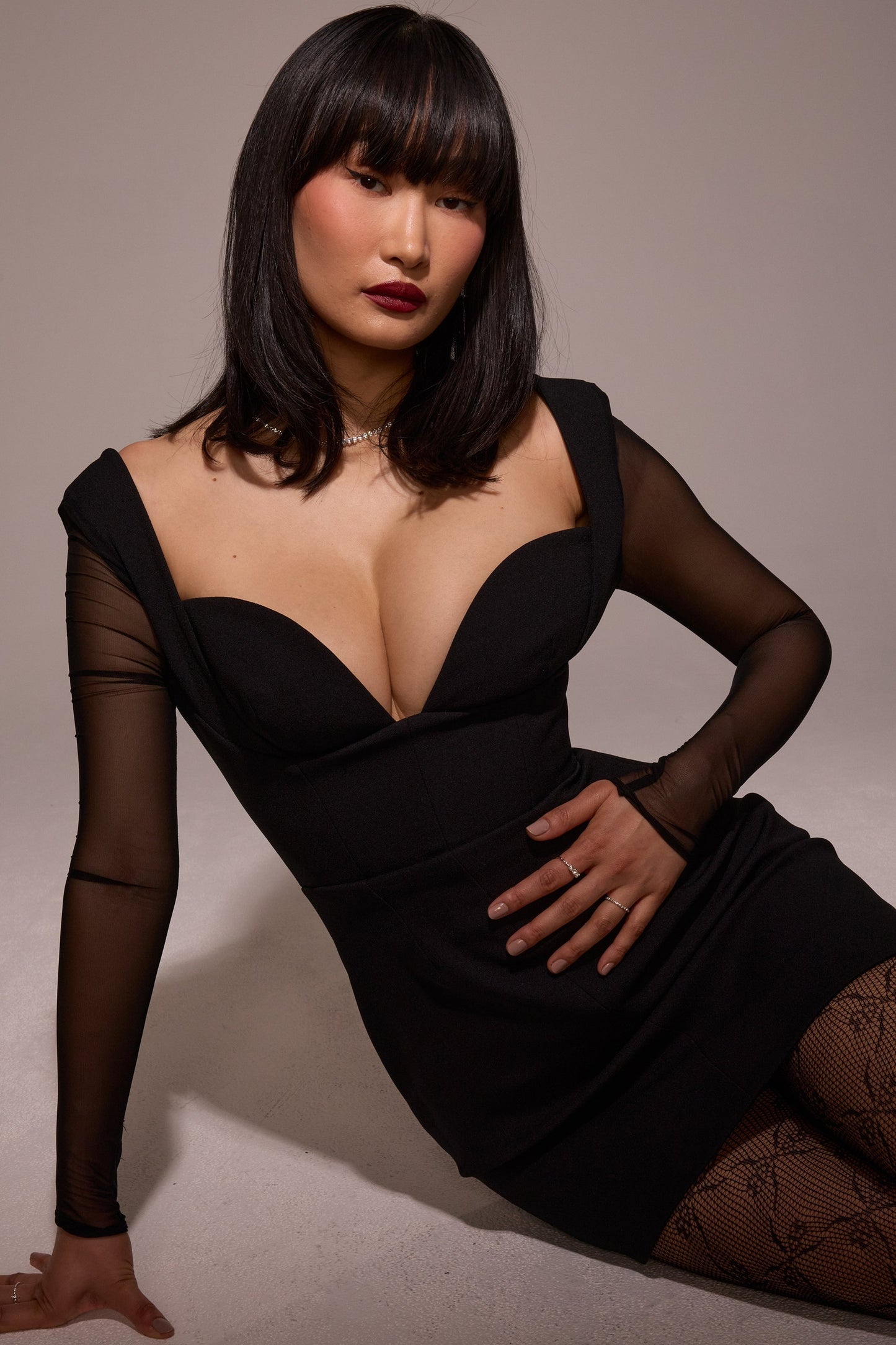 black stretch crepe plunge mini dress
