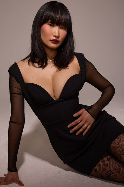 black stretch crepe plunge mini dress