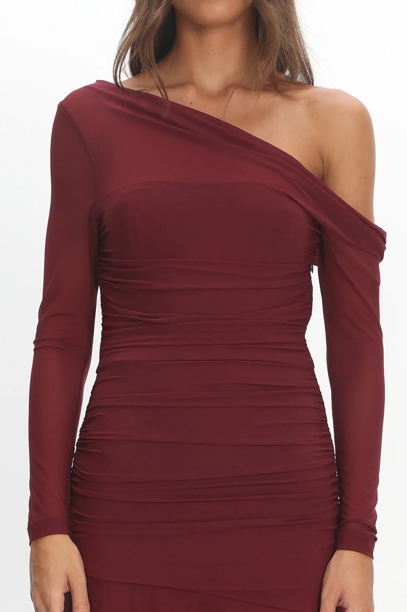 Lylah Asymmetric Neckline Long Sleeve Maxi Dress Mesh Chocolate