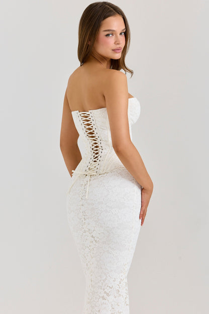 ivory lace corset maxi dress