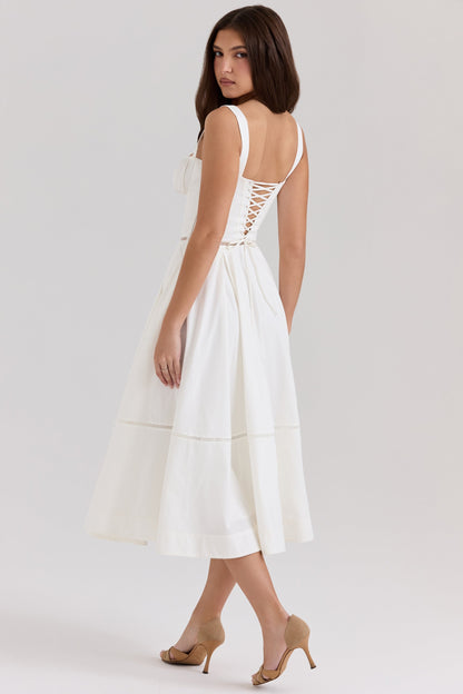 white cotton button front midi dress
