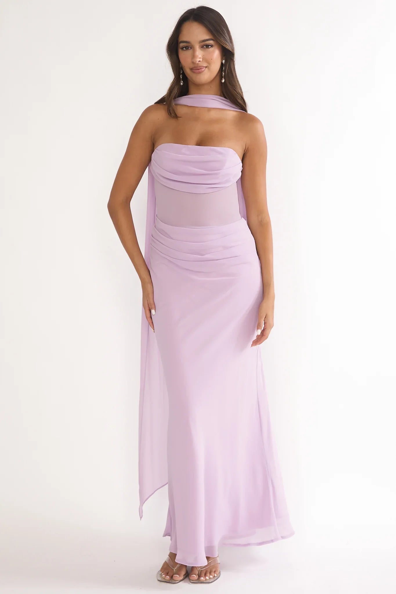 Unforgettable Day Drape Waist Strapless Maxi Dress Lilac