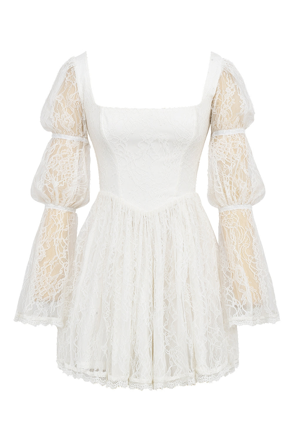 white lace puff sleeve mini dress
