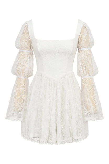 white lace puff sleeve mini dress