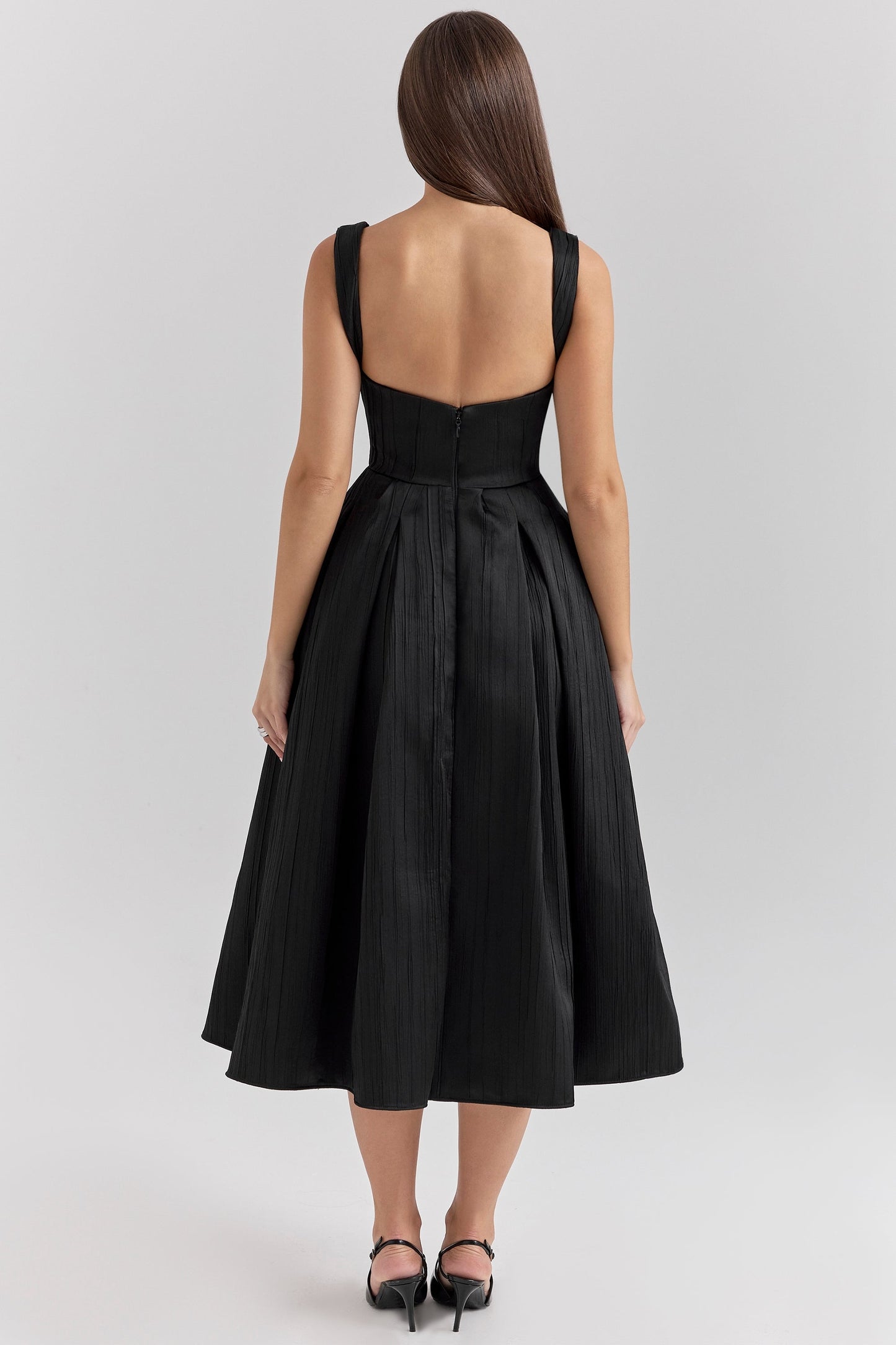 black textured satin corset midi dress