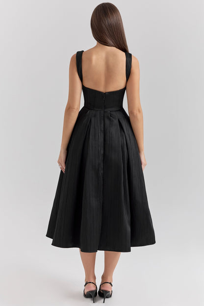 black textured satin corset midi dress