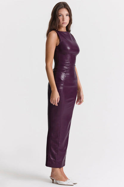 merlot vegan leather maxi dress