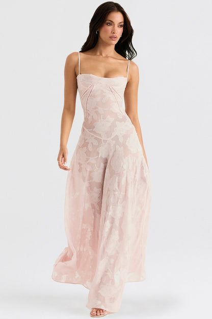 soft pink floral lace back maxi dress