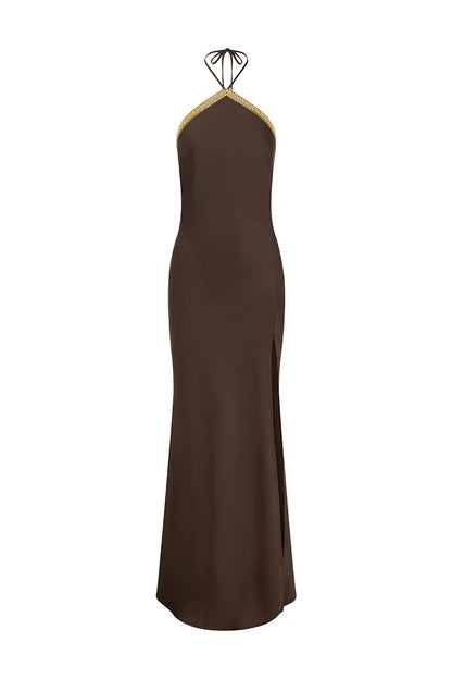 SHAE HALTER MAXI DRESS - BITTER CHOCOLATE