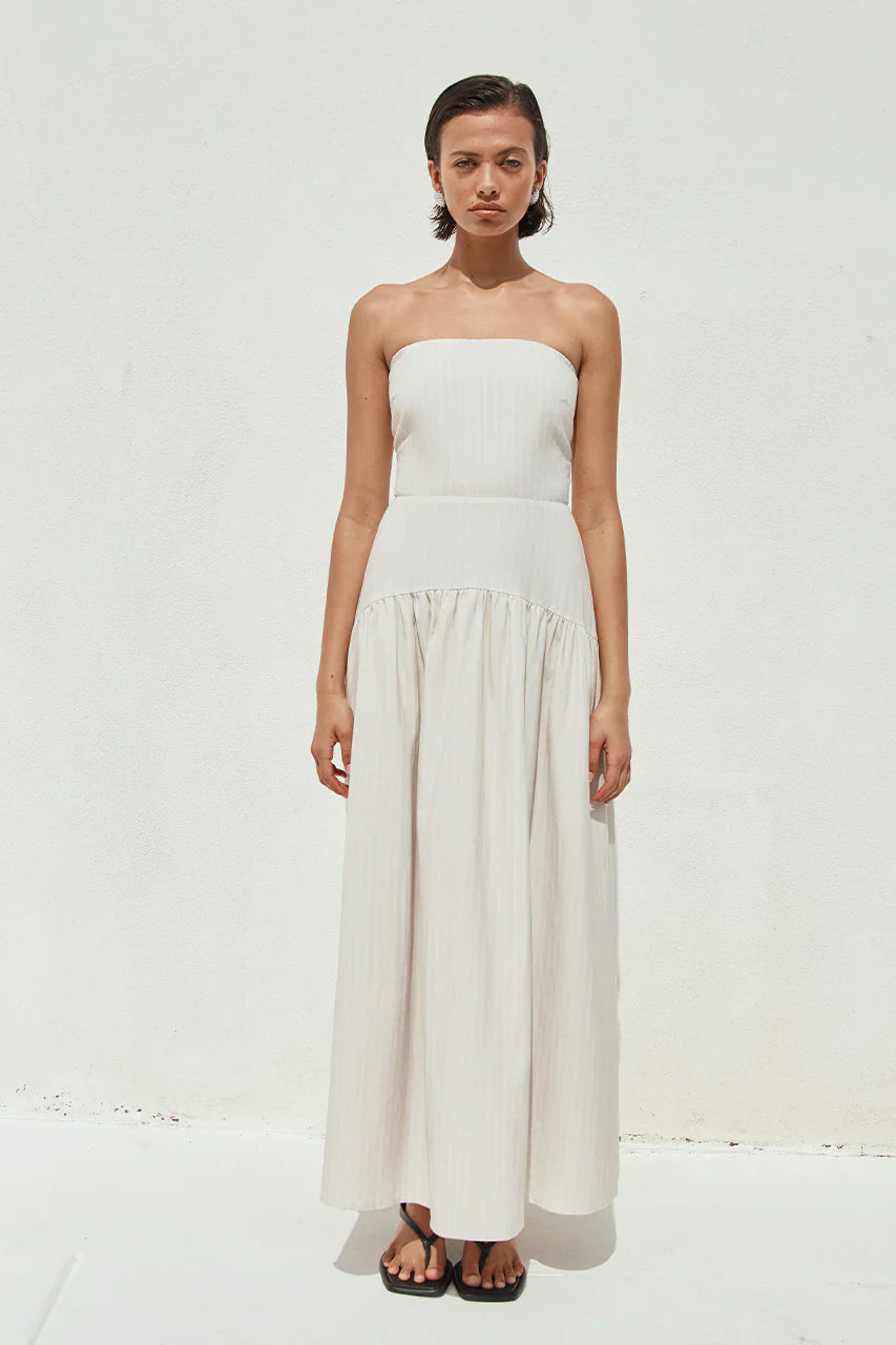 HEATHER MIDI DRESS - STONE PINSTRIPE