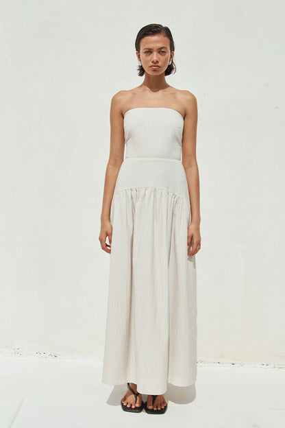 HEATHER MIDI DRESS - STONE PINSTRIPE