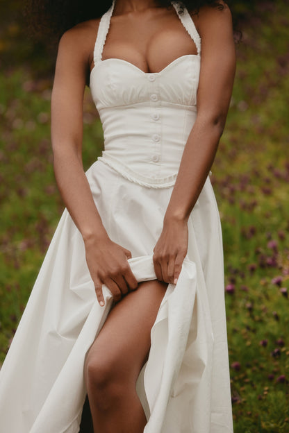 white stretch cotton halter neck midi dress