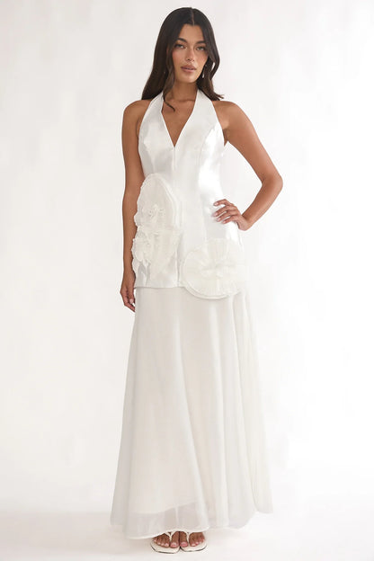Elyria 3D Ruffle Halter Maxi Dress White